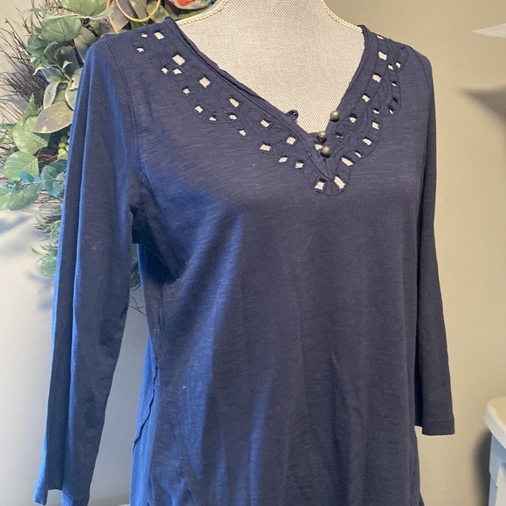 Sonoma V-Neck long sleeve bohemian cut out hi-lo blouse navy medium